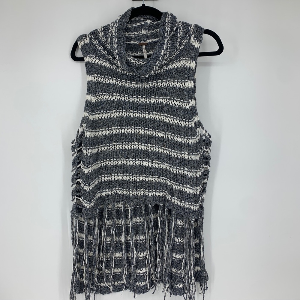Free People Womens Small Folksong Midnight Striped Fringe Tunic‎ OB475300